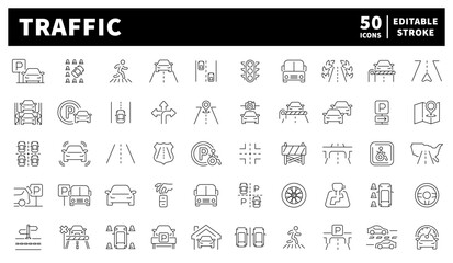 Traffic. Traffic vector icons collection. Set of 50 linear traffic icons. Traffic road signs, traffic lights, lanes, signals, and vehicle movement symbols