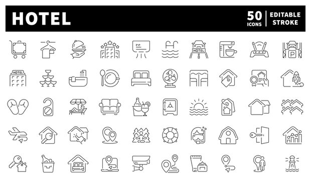 Hotel. Hotel vector icons set. Set of 50 linear hotel icons. Hotel services, room features, amenities, and booking icons clean 50-icon linear set