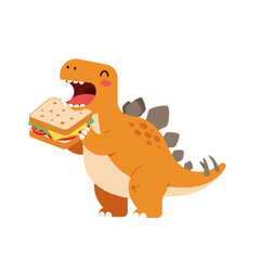 Joyful orange stegosaurus happily devouring a delicious, fresh sandwich with lettuce, cheese, and tomato, perfect for children's books and fun designs.