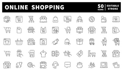 Online shopping. Online shopping vector icons collection. Set of 50 line icons related to Online shopping. Online shopping and delivery elements