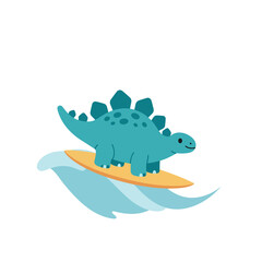 Adorable turquoise stegosaurus cheerfully surfs a gentle wave on a bright yellow surfboard, embodying playful summer fun and adventure.
