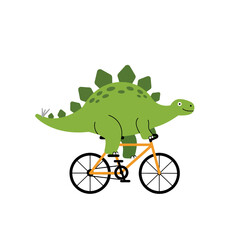 Joyful green stegosaurus happily rides an orange bicycle, showcasing a fun and playful prehistoric adventure that sparks imagination and delight for all ages