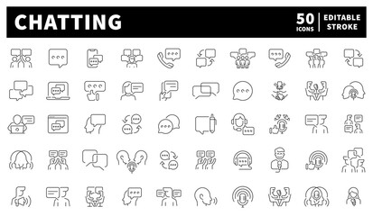 Chatting. Chatting with speech bubbles and user dialogue symbols in a 50-icon linear set.