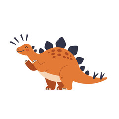 Charming cartoon stegosaurus dinosaur with playful expression and clapping hands, perfect for children's books, educational materials, and whimsical designs.