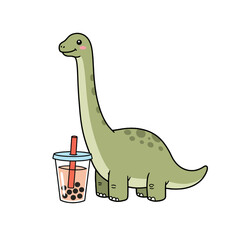 Adorable cartoon Brontosaurus enjoying a sweet bubble tea, perfect for playful designs and charming content that celebrates fun, snacks, and cute prehistoric friends in a delightful way.