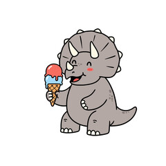 Adorable cartoon triceratops dinosaur happily enjoying a delicious two-scoop ice cream cone on a warm sunny day, perfect for kids' themes