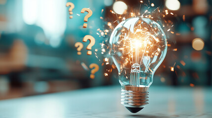 Glowing Lightbulb Sparking Ideas Surrounded by Question Marks in a Modern Workspace Setting