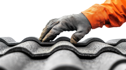 Worker hand in glove installing gray roof tile isolated on transparent background