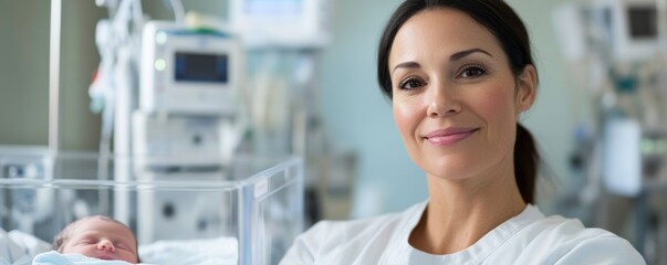 Smiling Nurse with Newborn in NICU, healthcare ,baby care