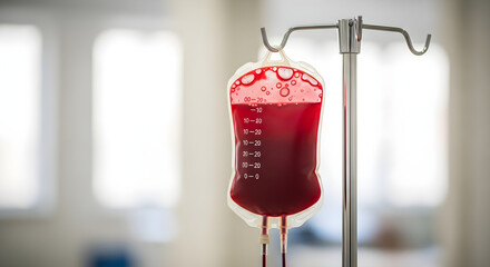 A bag of red blood cells hanging from an IV pole in a medical setting, ready for transfusion.