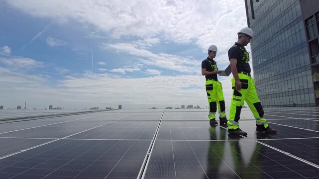 Two technicians carefully install solar panels on a rooftop in an urban location. They check the alignment and fix the panels to ensure optimal performance in bright sunlight.