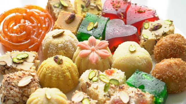 A Colorful and Diverse Platter of Assorted Indian & Middle Eastern Sweets (Mithai)