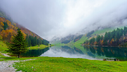 Seealpsee lake, in the Alpstein range, Appenzell