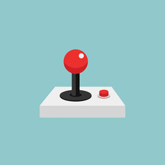A retro arcade joystick and button on a white base.