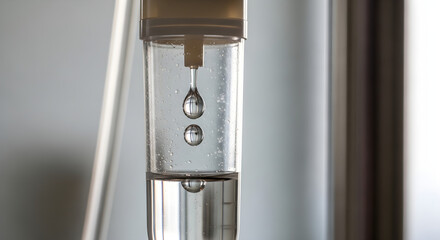 Close-up of a medical IV drip bag with clear fluid and droplets falling.