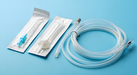 Sterile medical tubing and syringe set, packaged for medical use, on a light blue background.