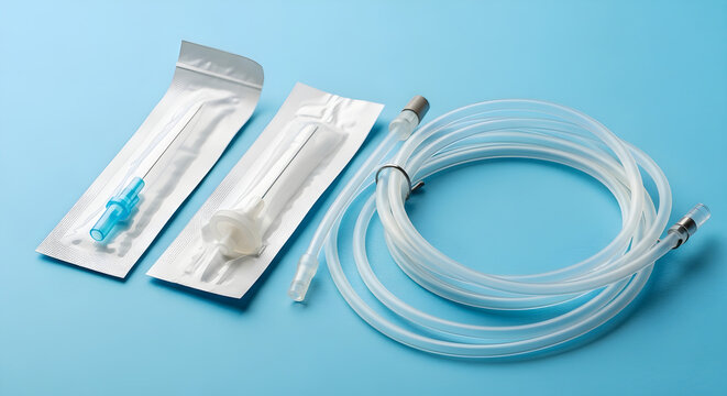 Sterile medical tubing and syringe set, packaged for medical use, on a light blue background. - Powered by Adobe