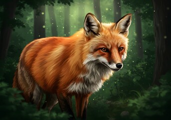 Realistic Red Fox in Lush Forest Wildlife Art, Forest Animals, Nature, and Ecology.