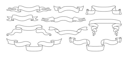 Ribbon icons vector set. Paper ribbons banner collection. Heraldry elements. Vintage decorative scroll tape. Simple contour illustration abstract greeting template ribbon decoration