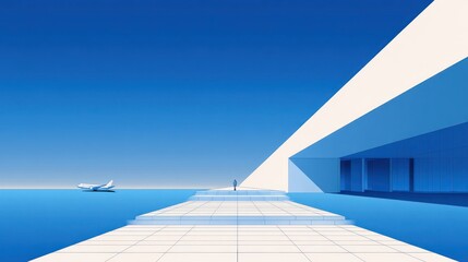 Fototapeta premium Serene view of a light blue sky over water with architecture and a small airplane