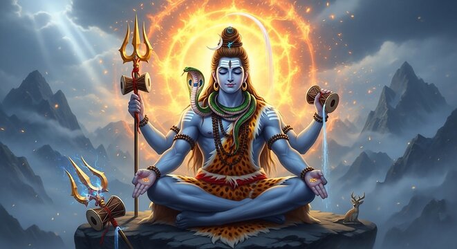 Mystical Lord Shiva Meditating with Fiery Aura, Blue Skin, and Trishul in Sacred Himalayan Landscape.