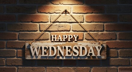 Fototapeta premium Rustic Wooden Sign Happy Wednesday Illuminated by Warm Spotlight on Textured Brick Wall.