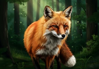 Obraz premium Majestic Red Fox in Enchanted Forest Detailed Digital Art, Wildlife, Nature Scene.