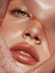 Fototapeta premium Close-up of a woman's face, with her eyes closed and her lips slightly parted. she is wearing a peach-colored face mask that covers her entire face.