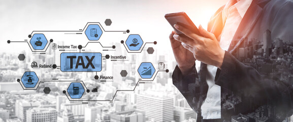 A professional using a smartphone explores tax planning concepts, with icons representing finance and taxation against a cityscape background, indicating modern financial practices. Tessel