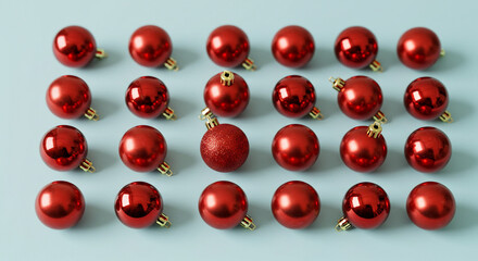 Fototapeta premium Christmas ornaments in red color arranged on blue surface for decoration