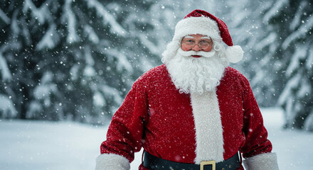 Santa claus in snowy forest during christmas time with falling snow