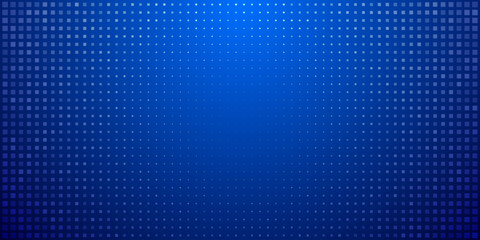 Blue background with a pixel pattern for a video game. Abstract grid with square shapes and a neon light effect. Tech screen design.