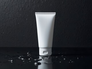 Minimal White Cosmetic Tube with Water Droplets on Black Background