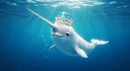 Underwater white whale with crown
