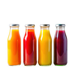 Four glass bottles filled with vibrant colorful juices displayed for freshness and health transparent background