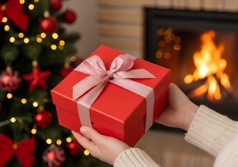 Red Gift Box with Pink Ribbon in Cozy Christmas Setting by Fireplace