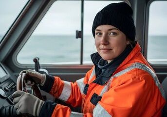 Woman Female Captain Piloting Cargo Ship in Stormy Seas – Powerful Maritime Adventure
