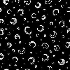A dark, hand drawn background with a cosmic pattern. The abstract illustration shows moons and dots in a simple monochrome style.