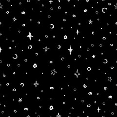 A dark, hand drawn background with a cosmic pattern. The abstract illustration shows stars, moons, and dots in a simple monochrome style.