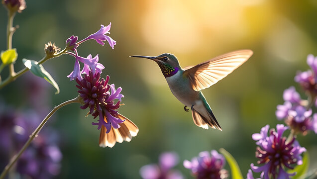 Hummingbird's Nectar Dance: A tiny hummingbird delicately hovers near vibrant purple flowers, its wings a blur against the soft-focus backdrop of a sun-drenched garden. - Powered by Adobe