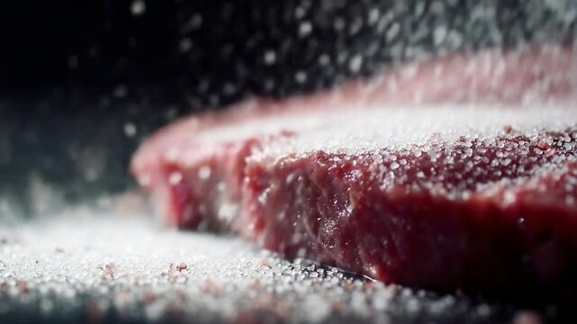 close-up of meat with a sprinkle of salt