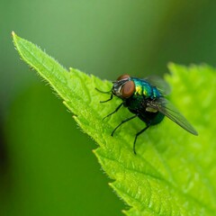 Naklejka premium Close-up of iridescent fly on leaf