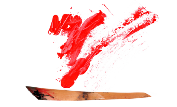 wooden spatula with red brush strokes acrylic paint isolated on white, top view