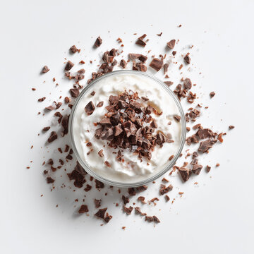 Yogur cremoso con trozos de chocolate en bowl blanco sobre fondo claro. Postre saludable de yogurt helado con chocolate amargo en cuenco de cristal. Gastronom&iacute;a de sobremesa dulce con virutas de choco