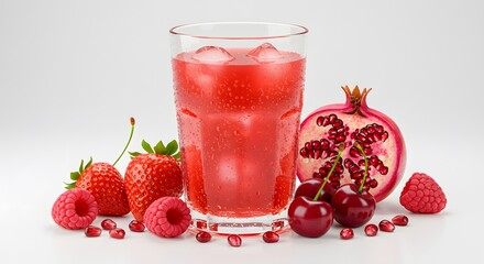a refreshing red fruit juice in a clear glass with condensation, surrounded by fresh strawberries, raspberries, cherries, and pomegranate seeds.