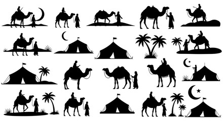 Fototapeta premium Vector art of collection of silhouette illustrations of camels and bedouin tents in the desert under the moon and stars