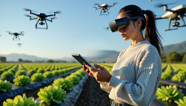 Young asian woman with VR headset using tablet