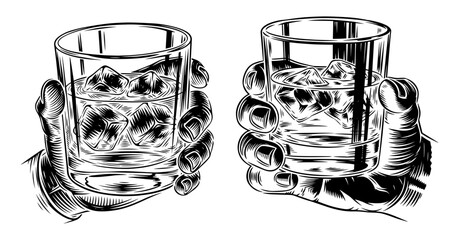 Vector art of two hands holding glasses filled with ice and amber liquid, likely whiskey or bourbon
