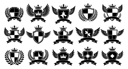 Vector art of collection of heraldic crests and shields with crowns and wings