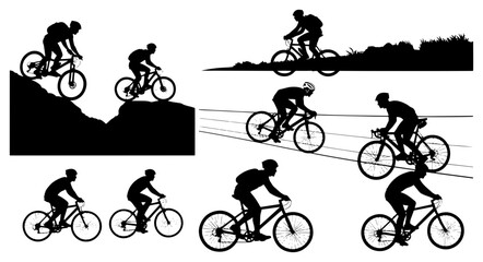 Obraz premium Vector art of collection of silhouettes of people riding mountain bikes on various terrains